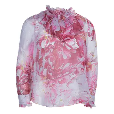 Roberto Cavalli Angels Pink Floral Printed Silk Ruffle Detail Long Sleeve Top Yrs