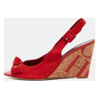 CH Carolina Herrera Red Suede Bow Cork Wedge Slingback Sandals Size