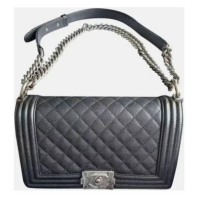 Chanel Black Silver Caviar Leather Leboy Medium Bag