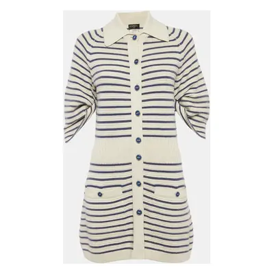 Chanel White/Blue Striped Rib Knit Buttoned Mini Dress