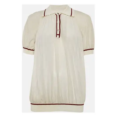 Hermes White Cotton Knit Sheer Polo Top