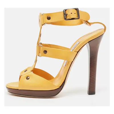 Jimmy Choo Yellow Leather Studded T-Bar Ankle Strap Sandals Size 37.5