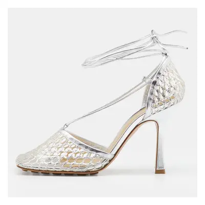 Bottega Veneta Silver Mesh and Leather Stretch Ankle Tie Pumps Size