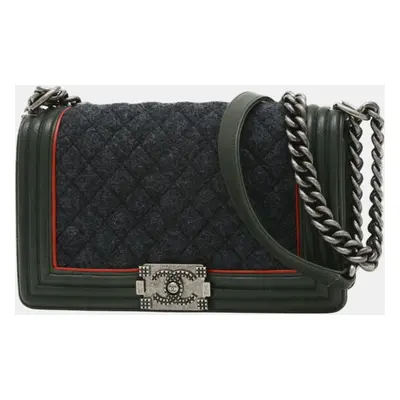 Chanel Gray/Green Wool Leather Boy Chain Shoulder Bag