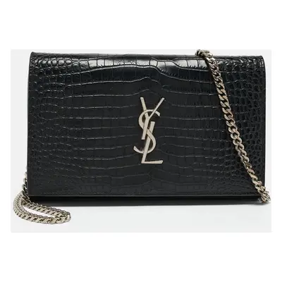 Saint Laurent Black Croc Embossed Leather Monogram Wallet On Chain