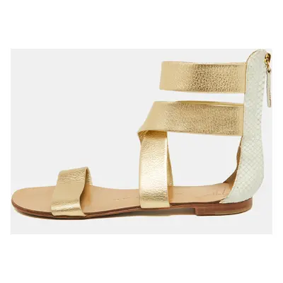 Giuseppe Zanotti Gold/White Python Embossed Leather Ankle Cuff Flat Sandals Size