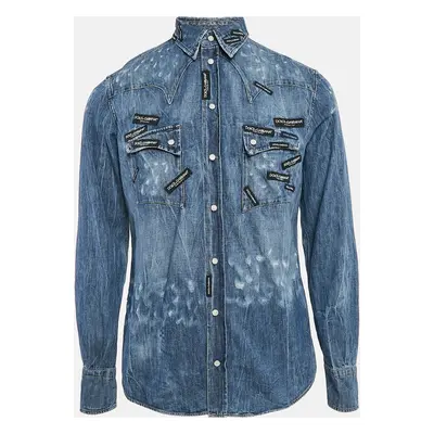 Dolce & Gabbana Blue Distressed Denim Button Front Shirt