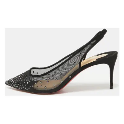 Christian Louboutin Black Mesh Follies Strass Slingback Pumps Size 39.5