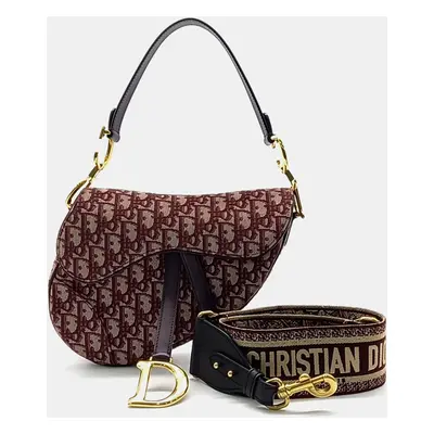 Dior Beige Burgundy Fabric Oblique Saddle Bag & Strap