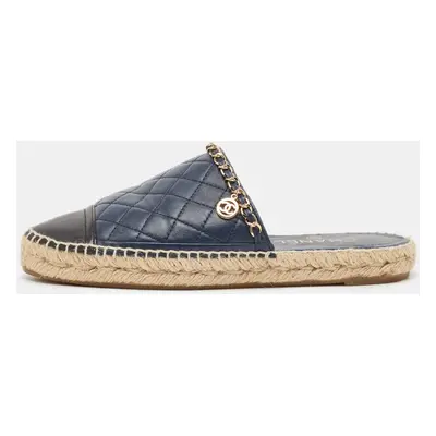 Chanel Navy Blue/Black Leather CC Chain Detail Espadrille Mules Size