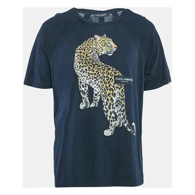 Dolce & Gabbana Navy Blue Leopard Applique Jersey T-Shirt