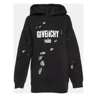 Givenchy Black Logo Print Cotton Distressed Hooded Sweatshirt