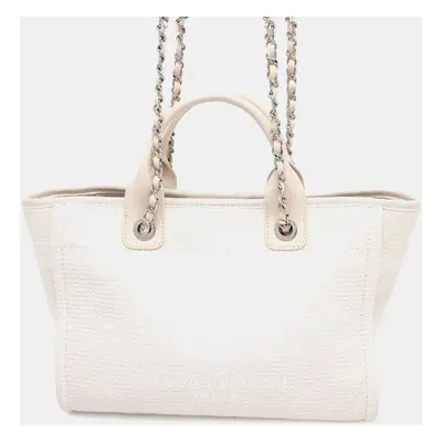 Chanel Ivory Canvas Leather Deauville Chain Tote Bag