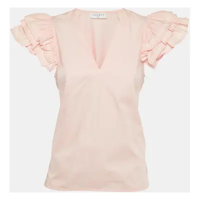 Sandro Pink Cotton Ruffled V-Neck Top