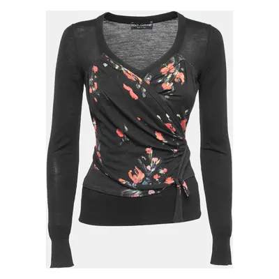 Dolce & Gabbana Black Floral Print Knit Draped Long Sleeve Top