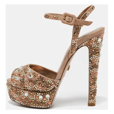 Le Silla Beige Suede Crystal Embellished Platform Ankle Strap Sandals Size