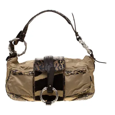 Gianfranco Ferre Beige/Brown Nylon/Python and Calfhair Satchel