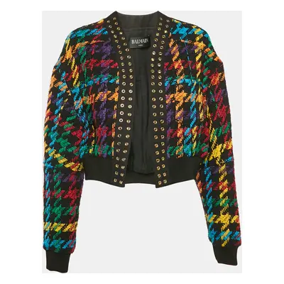 Balmain Multicolor Houndstooth Cotton Blend Eyelet Detail Open Front Jacket