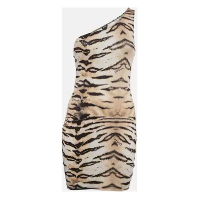 Just Cavalli Brown Tiger Print Jersey One Shoulder Bodycon Dress