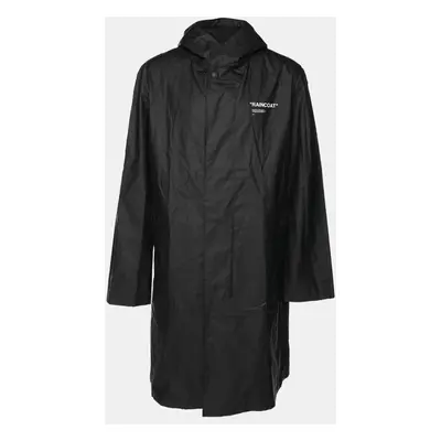 Off-White Black Cotton Polyurethane Quote Hooded Raincoat