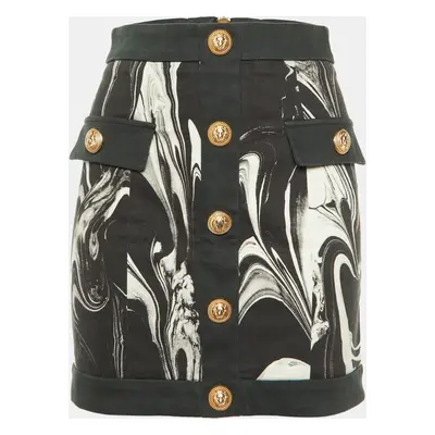 Balmain Monochrome Marble Print Cotton Button Detail Mini Skirt