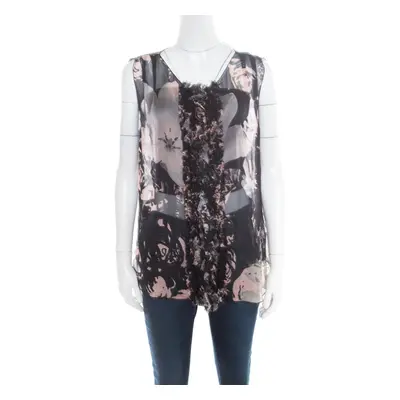 Dolce & Gabbana Black Floral Printed Sheer Silk Ruffled Applique Detail Sleeveless Top