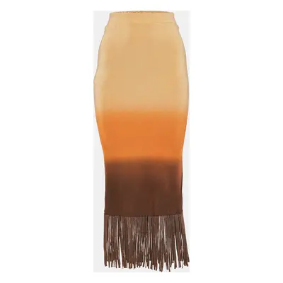 Sandro Beige/Orange Ombre Stretch Knit Fringed Midi Skirt