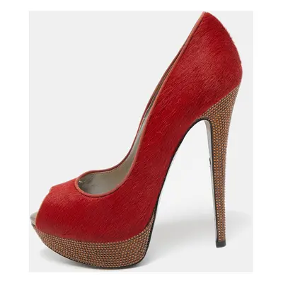 René Caovilla Red Calf Hair Crystal Embellished Platform Peep Toe Pumps Size