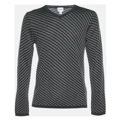 Armani Collezioni Grey Diagonal Striped Wool V-Neck Jumper