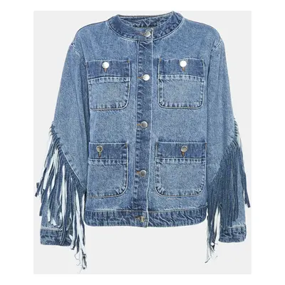 Maje Blue Fringed Denim Button Front Single Breasted Jacket