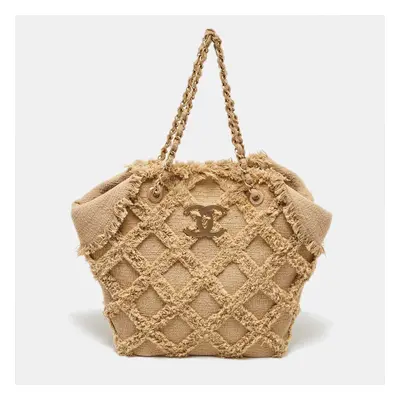 Chanel Beige Diamond Stitch Tweed CC Nature Tote Bag