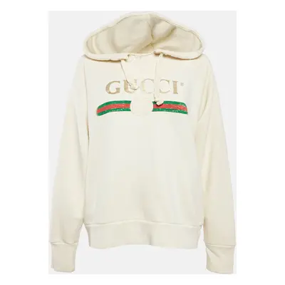 Gucci Cream Dog Embroidery Cotton Hooded Sweatshirt