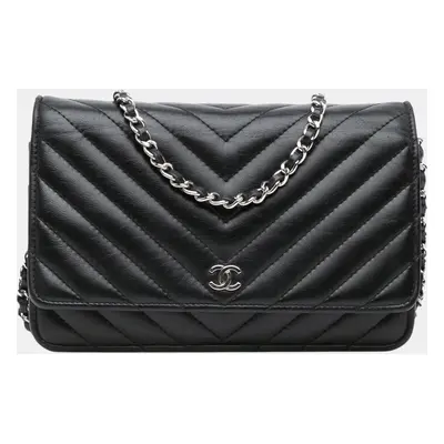 Chanel Black CC Chevron Lambskin Wallet On Chain