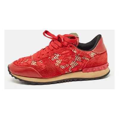 Valentino Red Lace and Suede Rockrunner Lace Up Sneakers Size 37.5