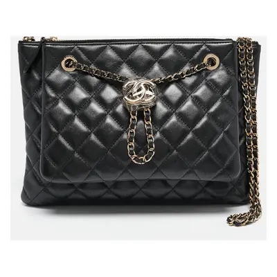 Chanel Black Quilted Leather Double Zip Pouch Bag