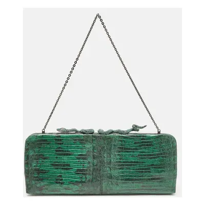 Valentino Green/Black Lizard Leather Snake Crystals Chain Clutch