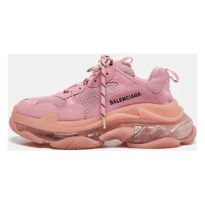 Balenciaga Pink Mesh and Nubuck Leather Triple Clear Sole Lace Up Sneakers Size