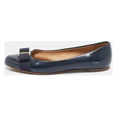 Salvatore Ferragamo Navy Blue Patent Leather Varina Ballet Flats Size 37.5