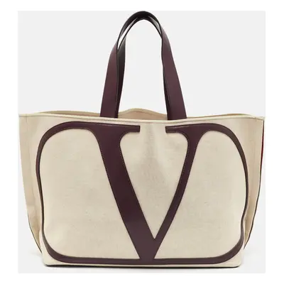 Valentino Burgundy/Beige Canvas and Leather Escape V logo Tote