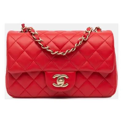 Chanel Red Lambskin Mini Rectangular Classic Single Flap Bag