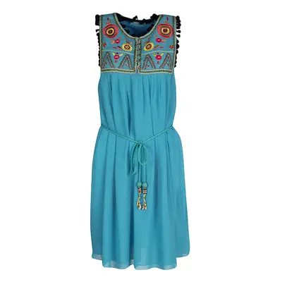 Matthew Williamson Escape Blue Floral Embroidered Silk Pom Pom Trim Sleeveless Dress