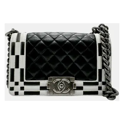 Chanel Black White Leather Boy Shoulder Bag