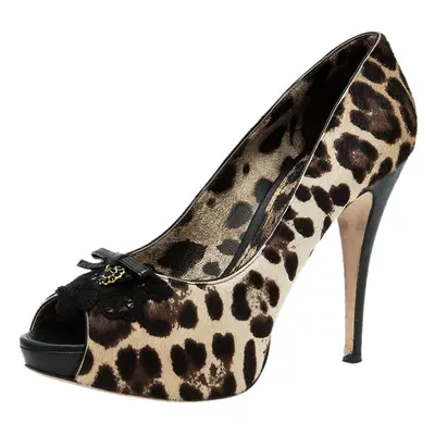 Dolce & Gabbana Beige Leopard Print Pony Hair Bow Peep Toe Pumps Size