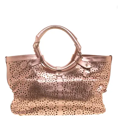 Jimmy Choo Metallic Rose Gold Leather Laser Cut Out Open Tote