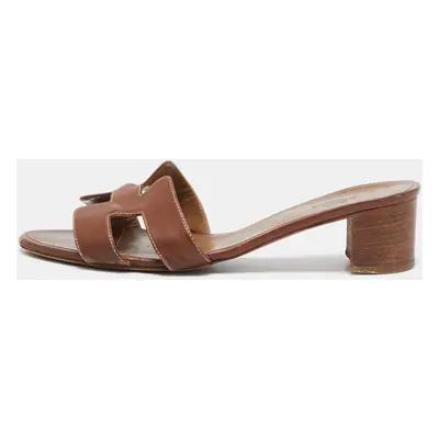 Hermes Brown Leather Oasis Block Heel Slide Sandals Size