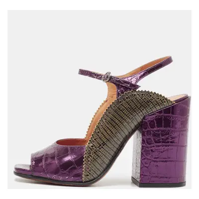 Dries Van Noten Purple/Green Croc Embossed and Lizard Embossed Ankle Strap Sandals Size