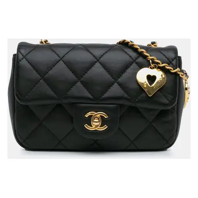 Chanel Black Lambskin Leather Mini Rectangular Heart Charms Shoulder Bag