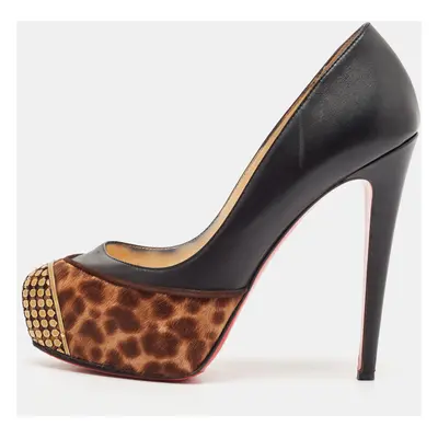 Christian Louboutin Black/Brown Leopard Print Calf Hair and Leather Maggie Platform Pumps Size