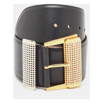 Versace Black Leather Crystals Embellished Wide Buckle Belt 80CM