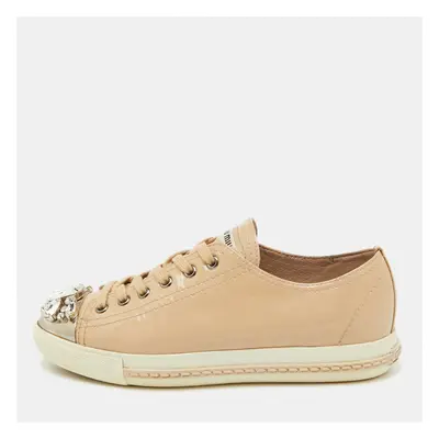 Miu Miu Beige Patent Leather Cap Toe Crystal Embellished Low Top Sneakers Size 37.5